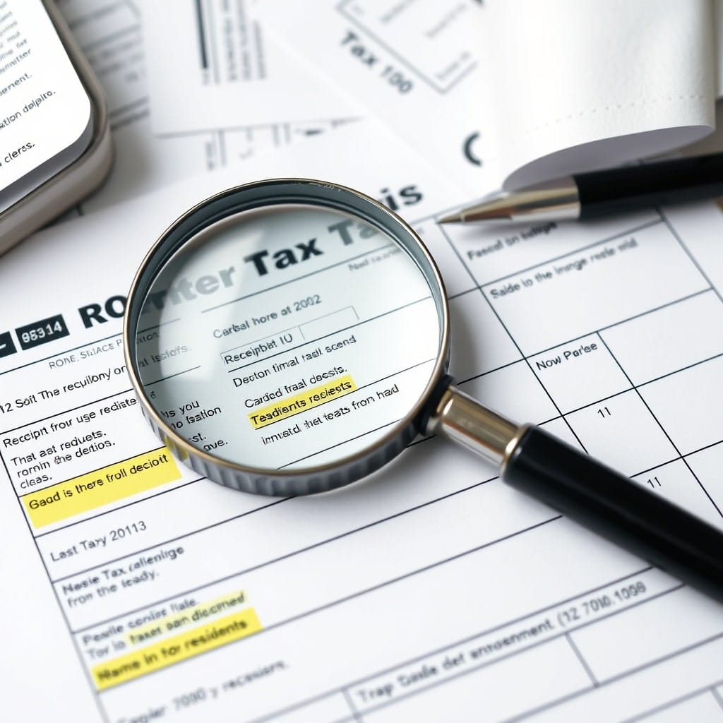 A professional stock photo illustrating a magnifying glass over a tax form with sections highlighted, surrounded by receipts and a pen, emphasizing tax deductions and credits for non-residents.