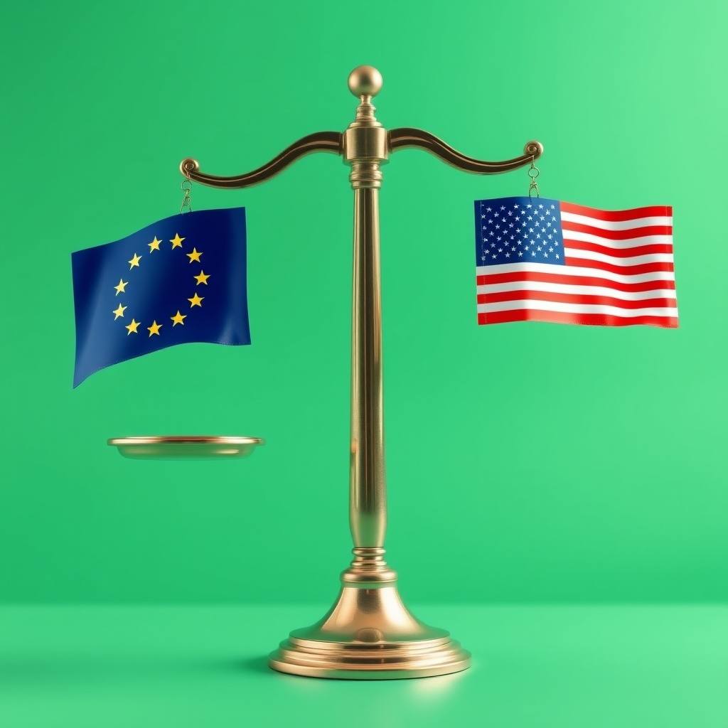 A symbolic image of a balance scale with EU and US flags on either side, representing Ireland's role in bridging regulatory philosophies in AI.