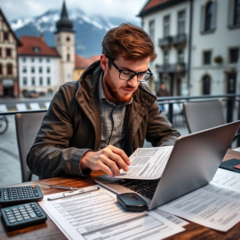 A professional stock photo depicting an expat in Austria reviewing cryptocurrency transaction records on a laptop, with a calculator and tax documents nearby, symbolizing the process of calculating tax liability on cryptocurrency gains.