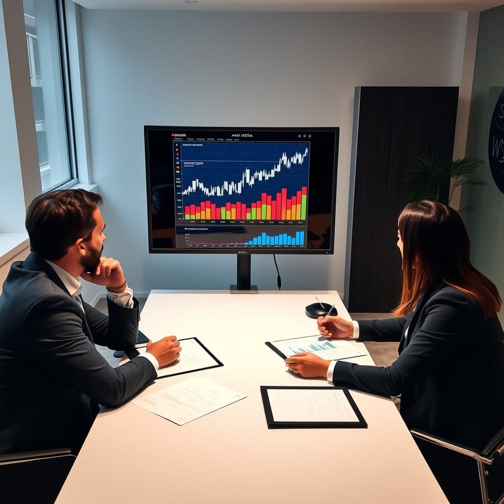 A high-quality stock image showing a strategic meeting between a financial advisor and an expat in Austria, with charts and graphs on a screen, representing advanced tax planning strategies for cryptocurrency investments.