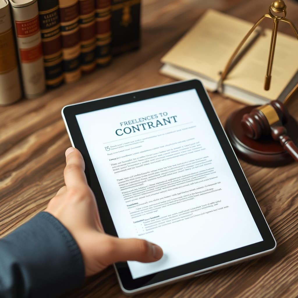 A high-quality stock image showing a freelancer drafting a contract on a tablet, with legal books and a gavel in the background, representing legal considerations for freelancers in Austria.