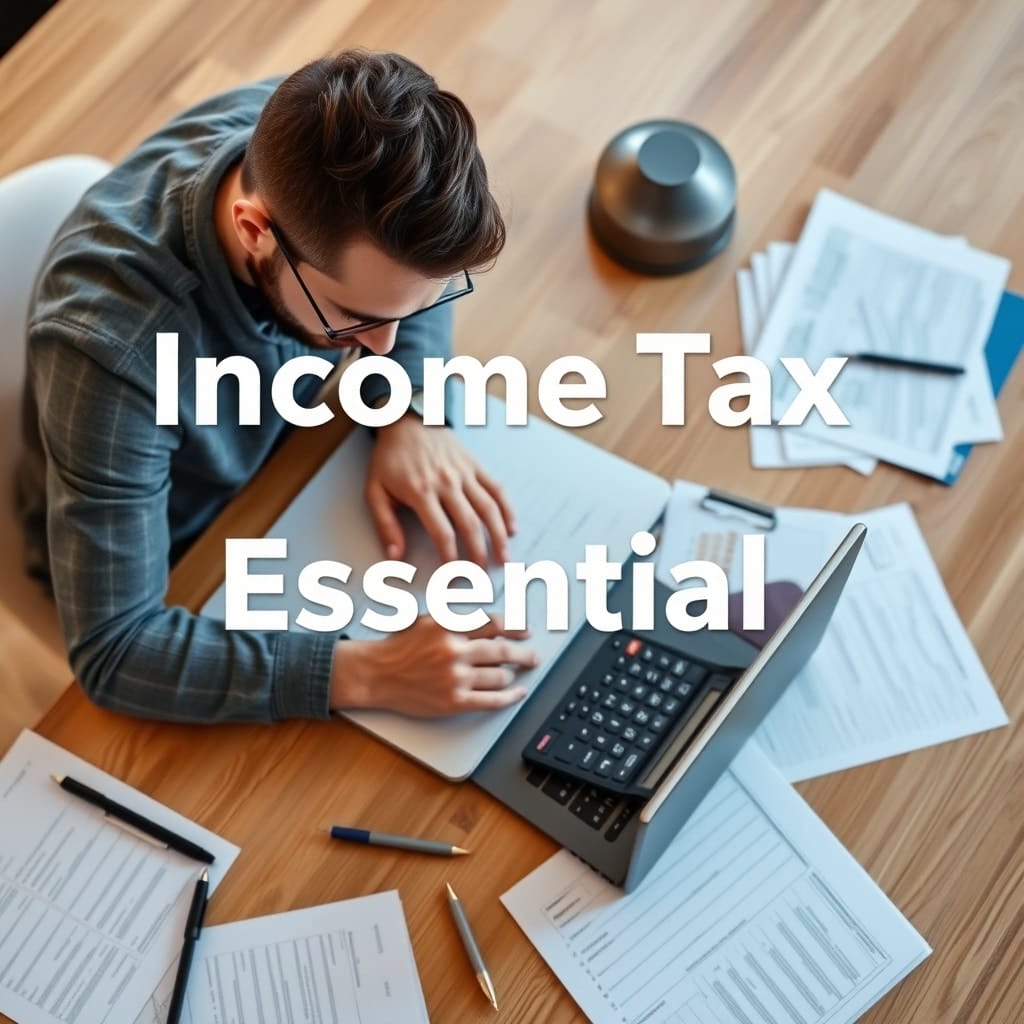 A focused freelancer calculating taxes on a laptop with a calculator and documents scattered on a wooden desk, symbolizing income tax essentials for freelancers in Austria.