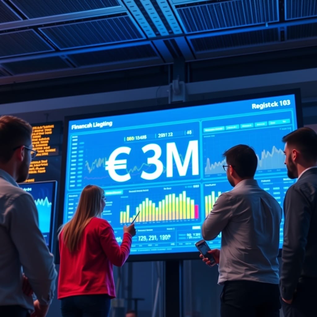 A dynamic scene of a financial technology startup team analyzing data on a large digital screen, symbolizing the impact of €3M funding on Austria's fintech ecosystem.