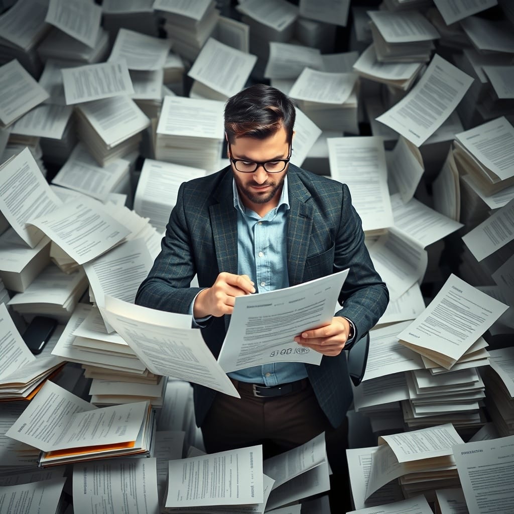 A determined entrepreneur navigating through a maze of regulatory documents, representing the challenges fintech startups face in Austria's competitive market.