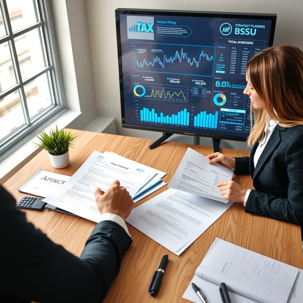 A high-quality stock image showing a strategic planning session with a tax professional and a client reviewing documents and digital charts, representing advanced tax planning strategies for crypto.
