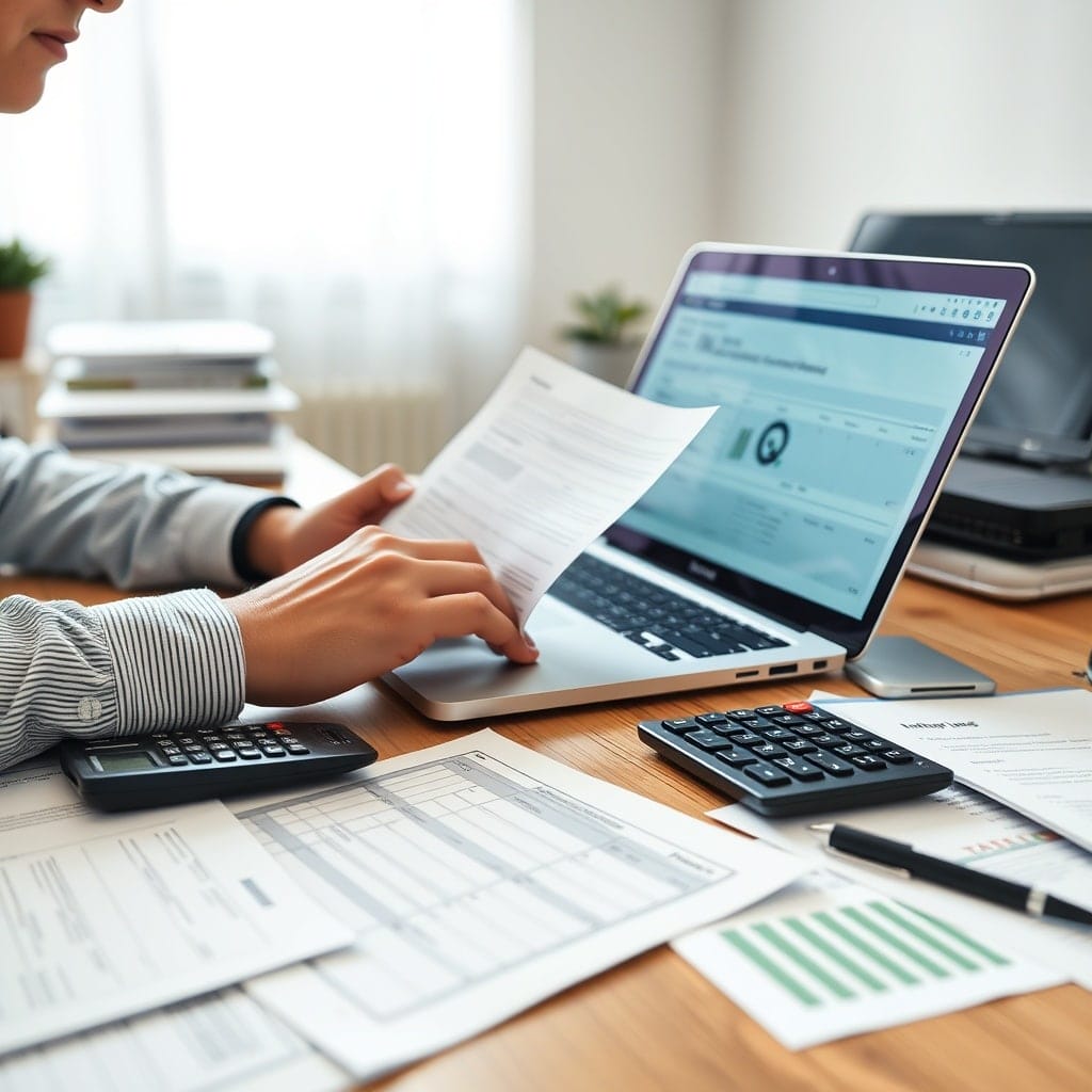 A professional stock photo depicting a freelancer in Azerbaijan reviewing tax documents on a laptop, with a calculator and paperwork scattered on a desk, symbolizing tax obligations and financial planning.