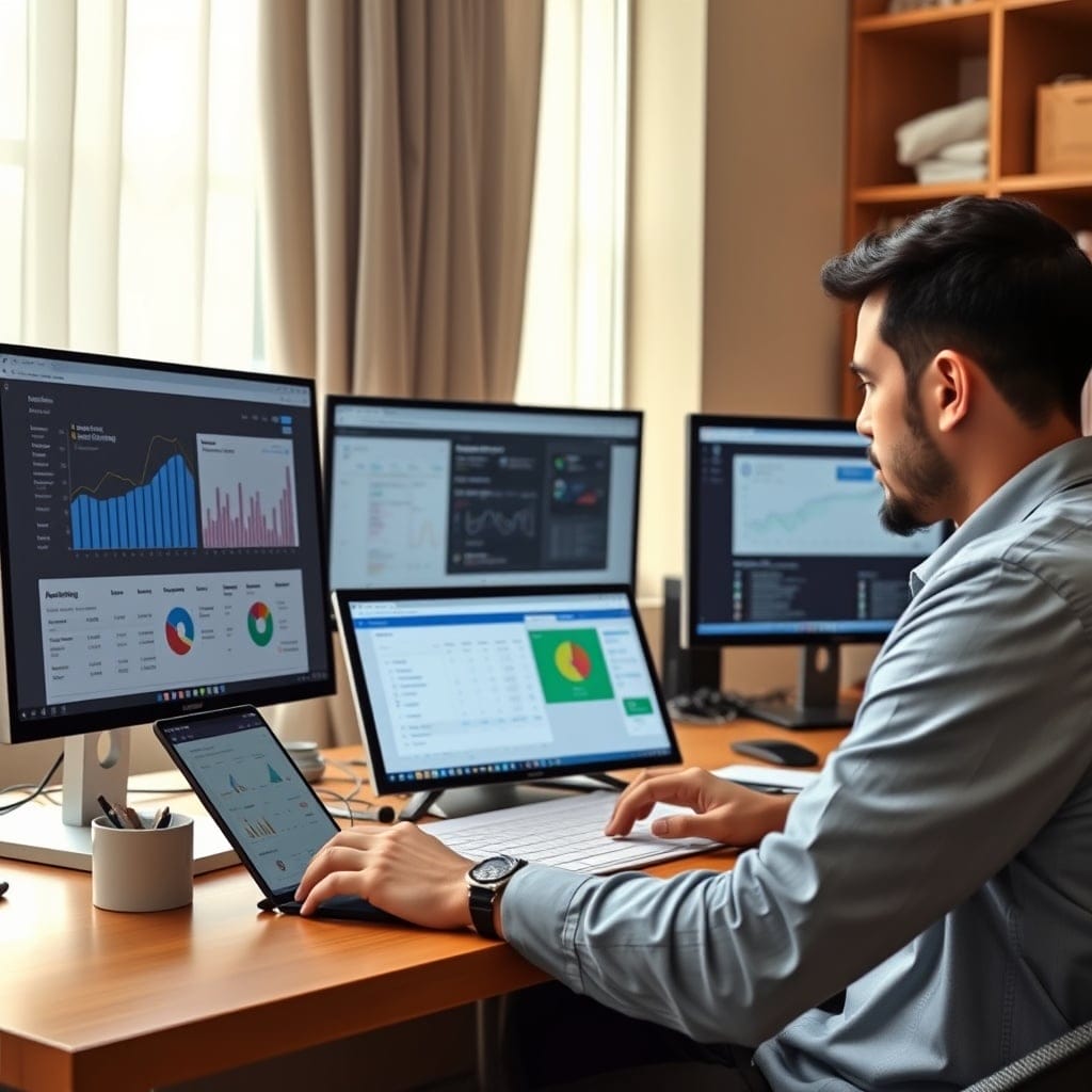 A high-quality stock image showing a freelancer in Azerbaijan using digital tools on multiple screens, including accounting software and project management apps, highlighting the importance of digital tools for efficiency.