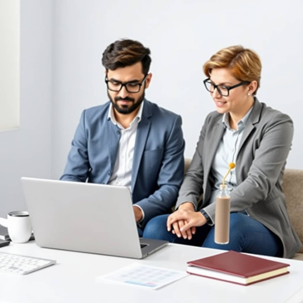 A professional stock photo illustrating a freelancer in Azerbaijan discussing business expansion strategies with a colleague over a laptop, symbolizing scaling and growth in the freelance business.