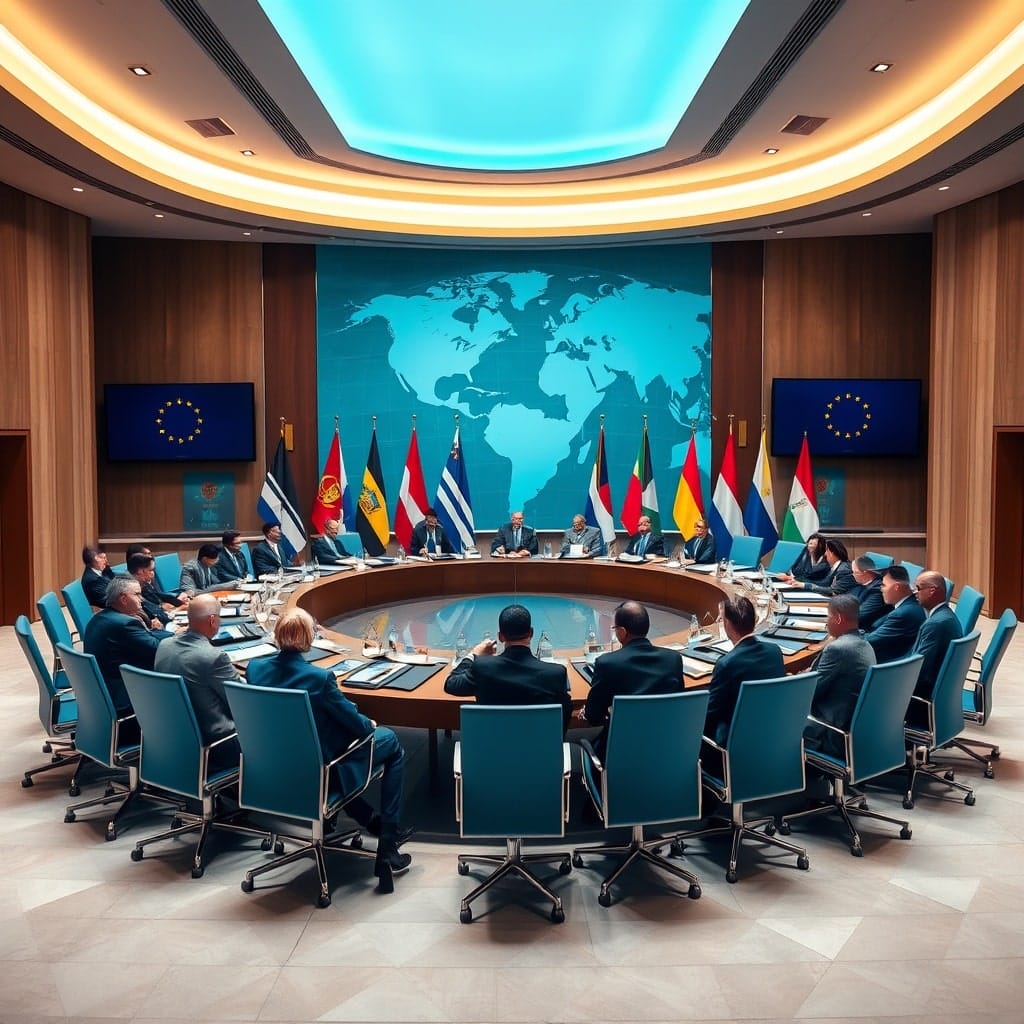 A high-quality image of a global meeting room with representatives from various countries, symbolizing the Bahamas' engagement in international tax dialogues and collaboration with organizations like the OECD and EU.