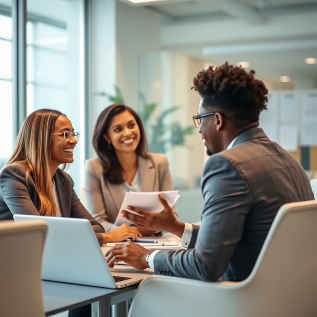 A professional stock photo showcasing a successful business meeting in a modern office, representing local financial institutions' adaptation and success stories post-tax reform in the Bahamas.