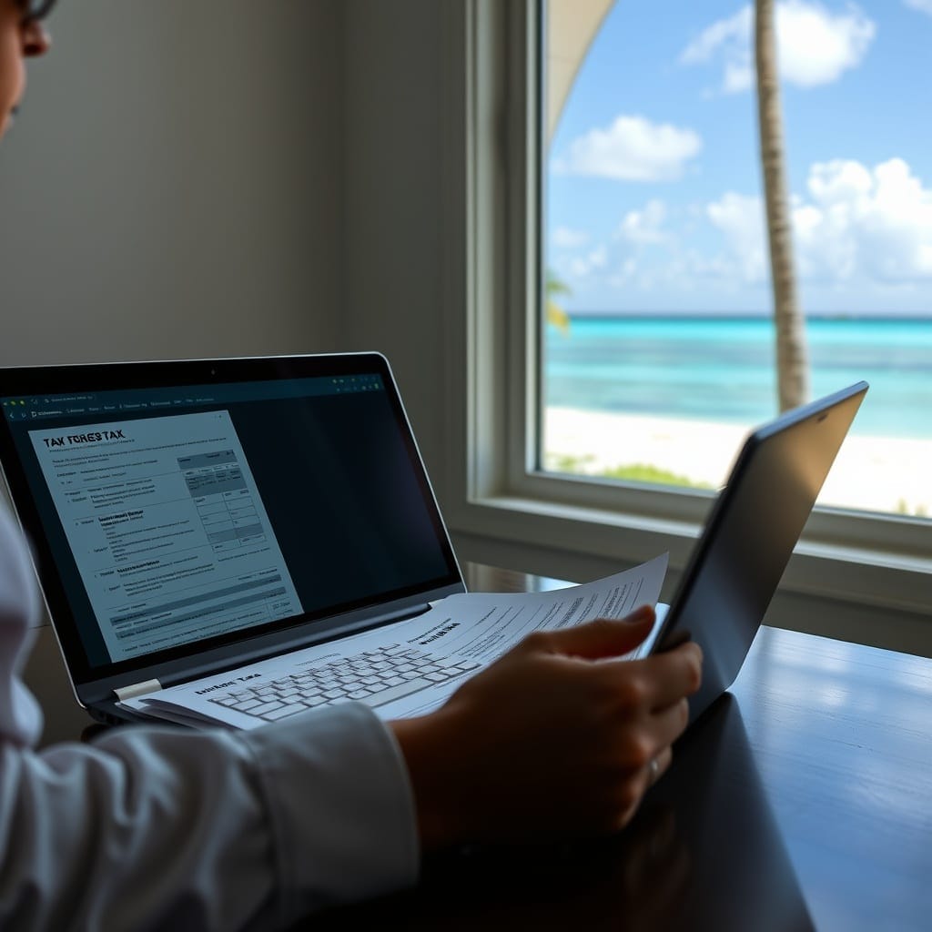 A professional stock photo of a person meticulously organizing digital tax documents on a laptop, with a serene Bahamas beach backdrop visible through a window.