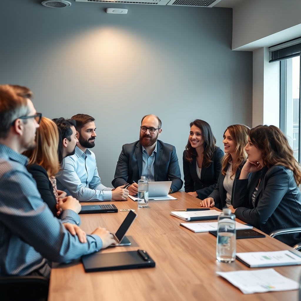 A diverse group of business professionals sharing success stories and lessons learned in a collaborative meeting room, highlighting adaptation to VAT changes.