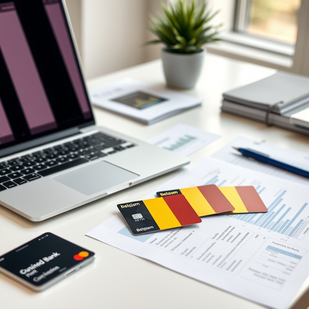 Professional business banking setup with modern laptop, financial documents, and Belgian bank cards arranged on clean desk, natural lighting, professional stock photo style