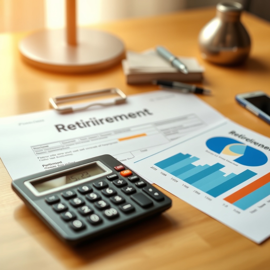 Retirement planning concept with pension documents, calculator, and financial charts on desk, warm lighting, professional stock photo style