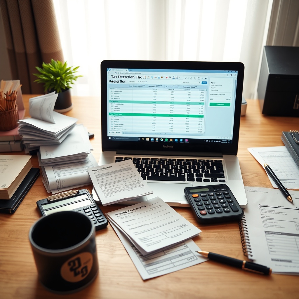 Tax optimization workspace with receipts, calculator, and financial software on laptop screen, organized desk setup, professional stock photo style