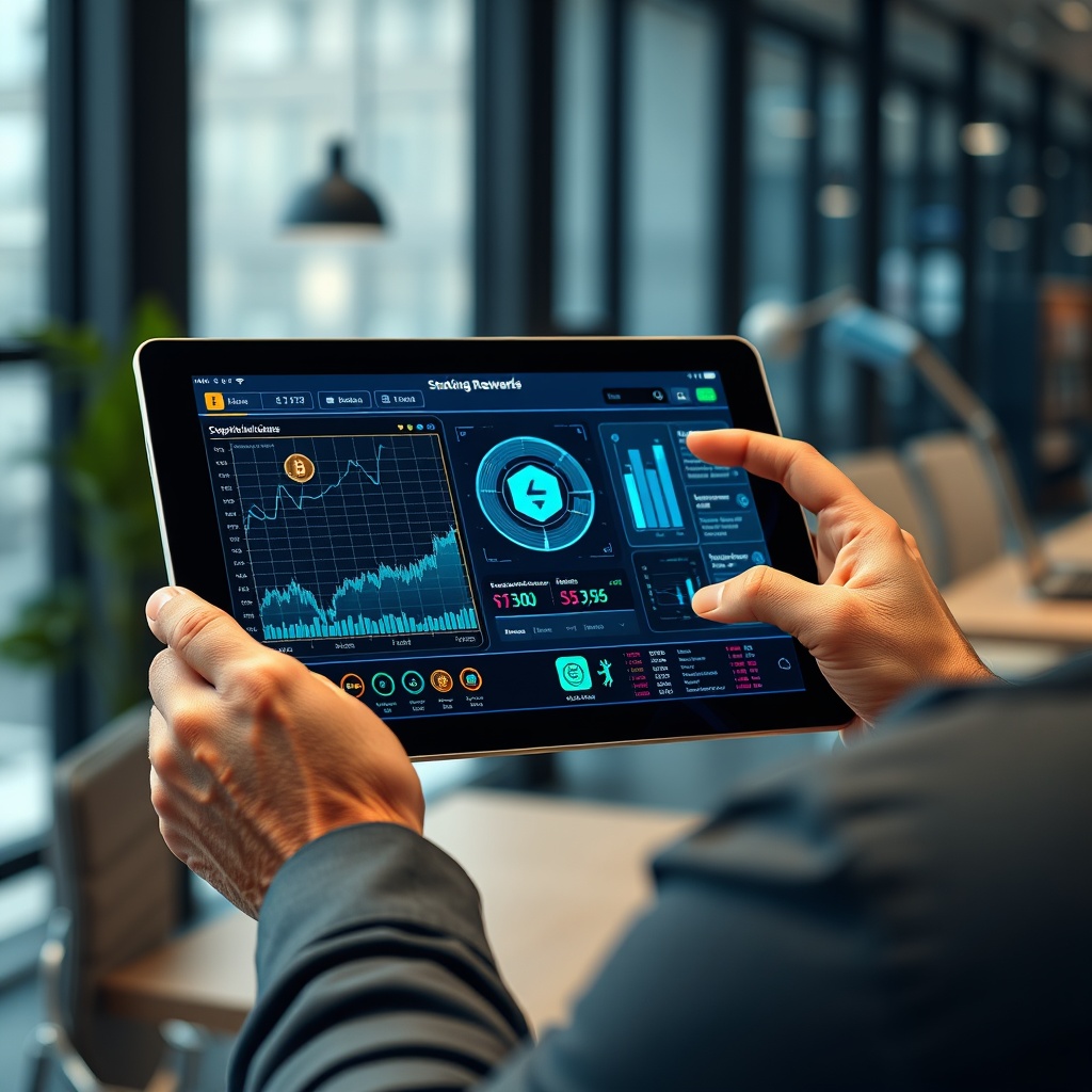 Professional stock photo of a person analyzing cryptocurrency mining and staking rewards on a digital tablet with blockchain visualizations in the background, modern office setting