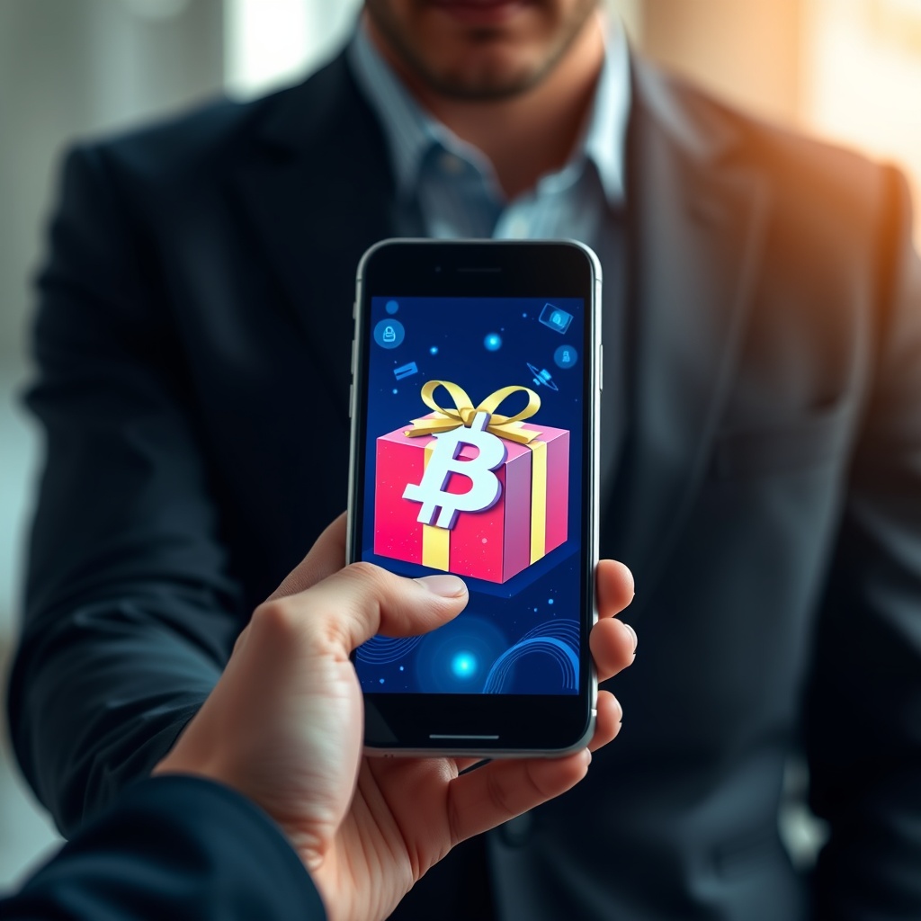 Professional stock photo of a person receiving a digital cryptocurrency gift on a smartphone with Belgian flag elements subtly incorporated in the background