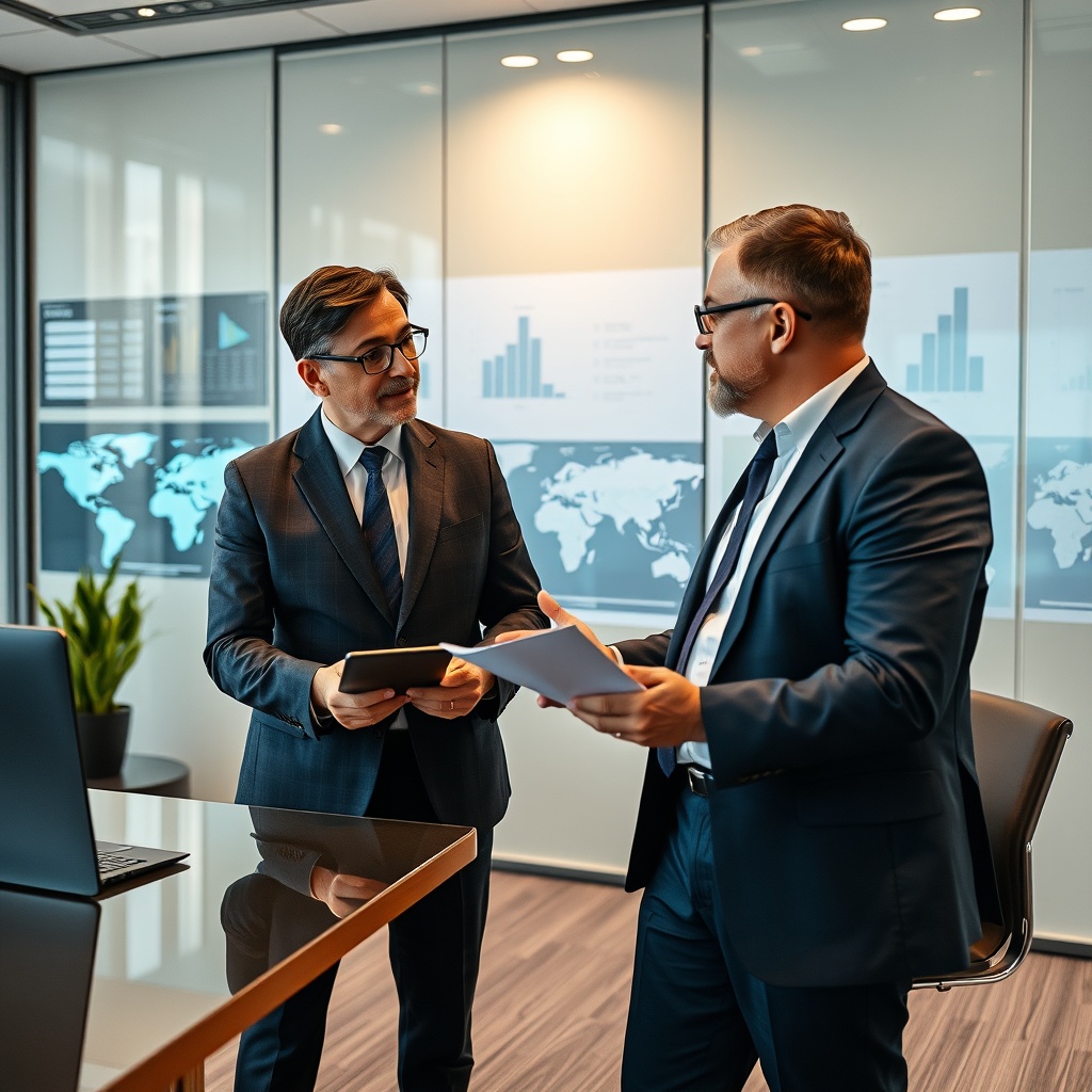 Professional stock photo of a financial advisor and international investor discussing tax optimization strategies with digital charts and global maps in a modern conference room