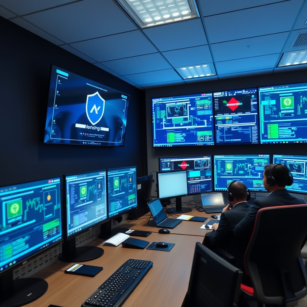 Professional stock photo of cybersecurity operations center in a Belgian financial institution with multiple monitors showing real-time threat detection, encryption protocols, and incident response workflows, high-tech security environment