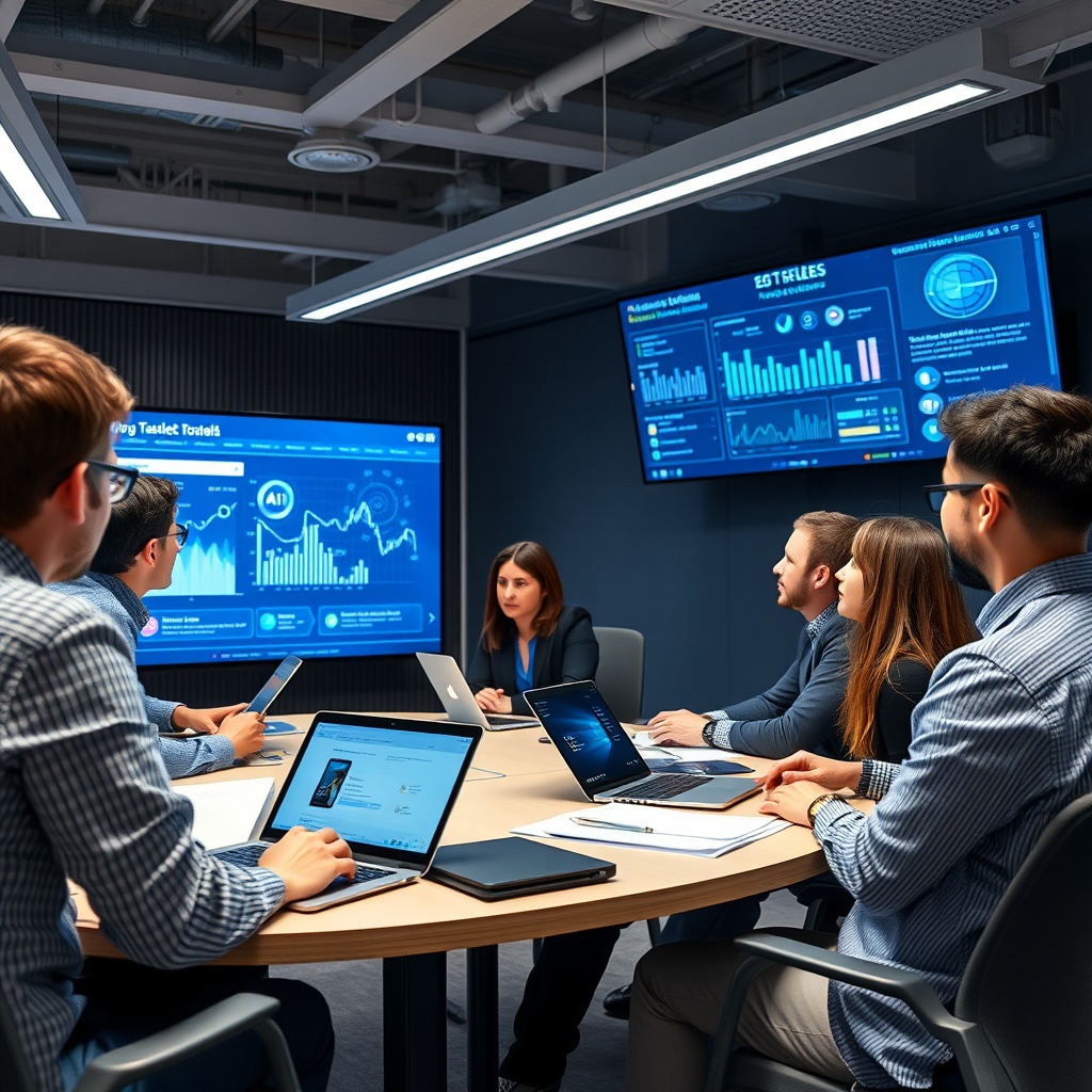 Professional stock photo of digital skills training session in a modern Belgian fintech office with diverse professionals learning AI and data analytics, interactive screens showing talent development programs