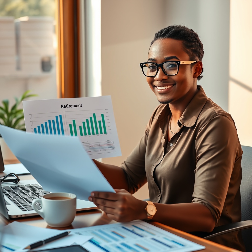 Stock photo of a Belizean freelancer planning retirement with pension documents and savings charts, sitting at a desk with coffee, warm natural lighting, professional financial planning atmosphere