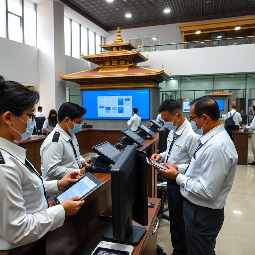 Professional stock photo of a modern government office with officials using digital tablets and computers to process electronic payments, with Bhutanese architectural elements in the background, clean and professional lighting