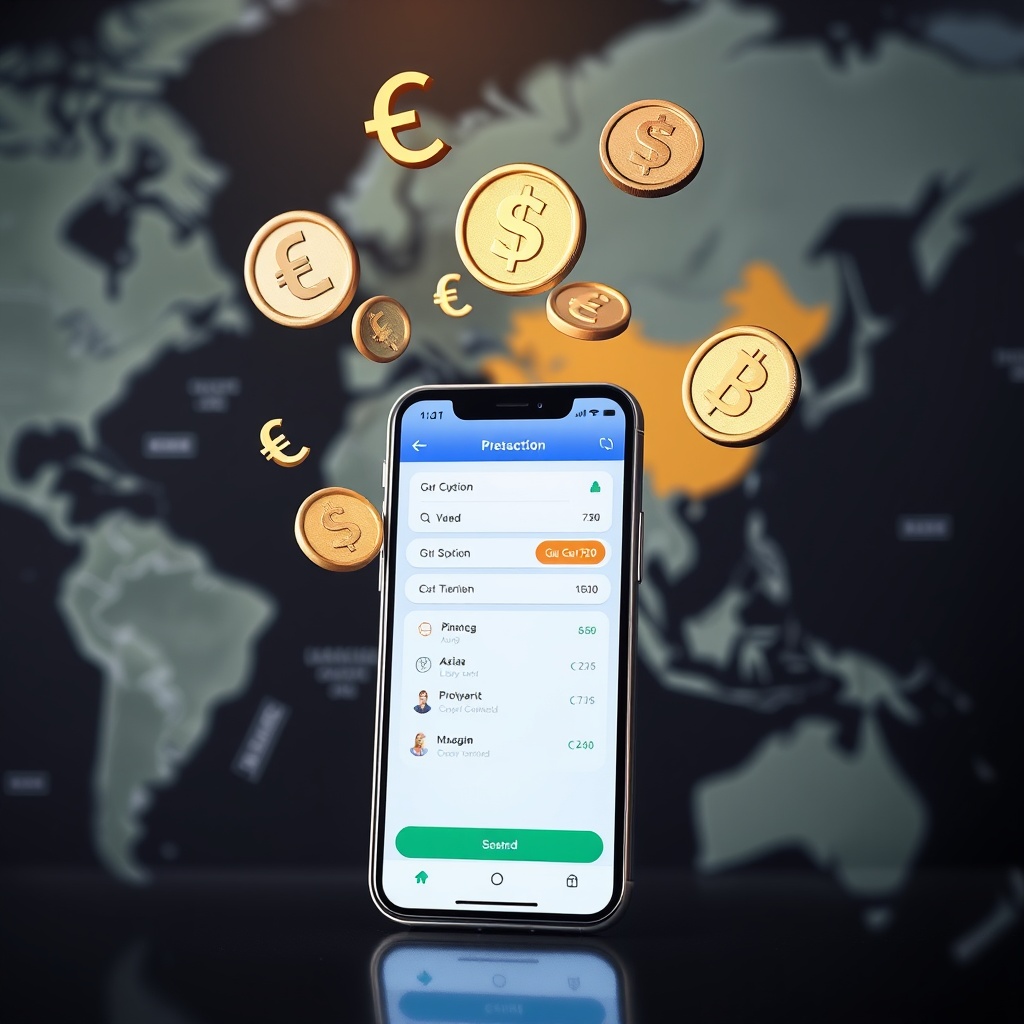 Professional stock photo showing international digital payment processing with multiple currency symbols floating above a smartphone displaying a cross-border transaction interface, global map background with highlighted Asian region