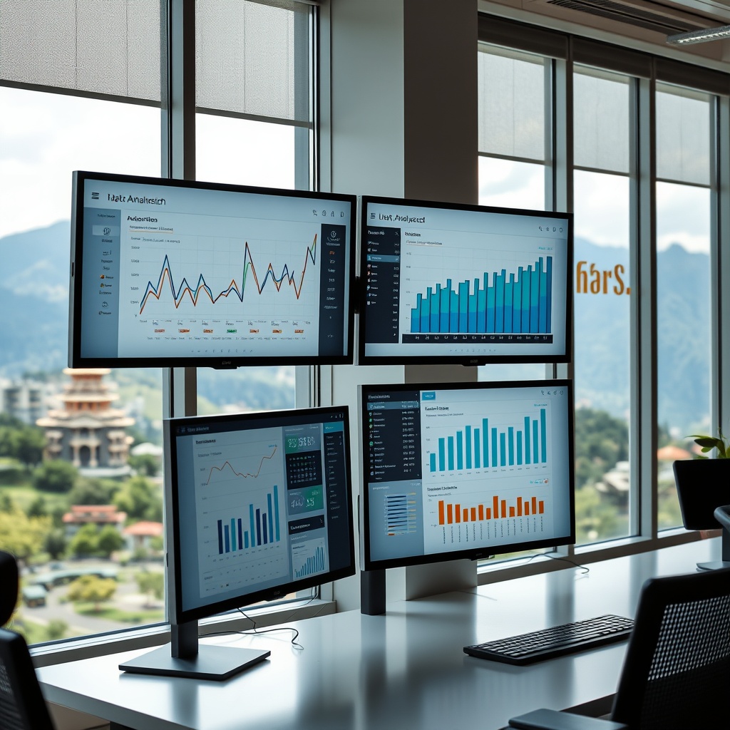 Professional stock photo of data analytics dashboard on multiple monitors showing financial transaction patterns and customer behavior charts, with Bhutanese landscape visible through office windows