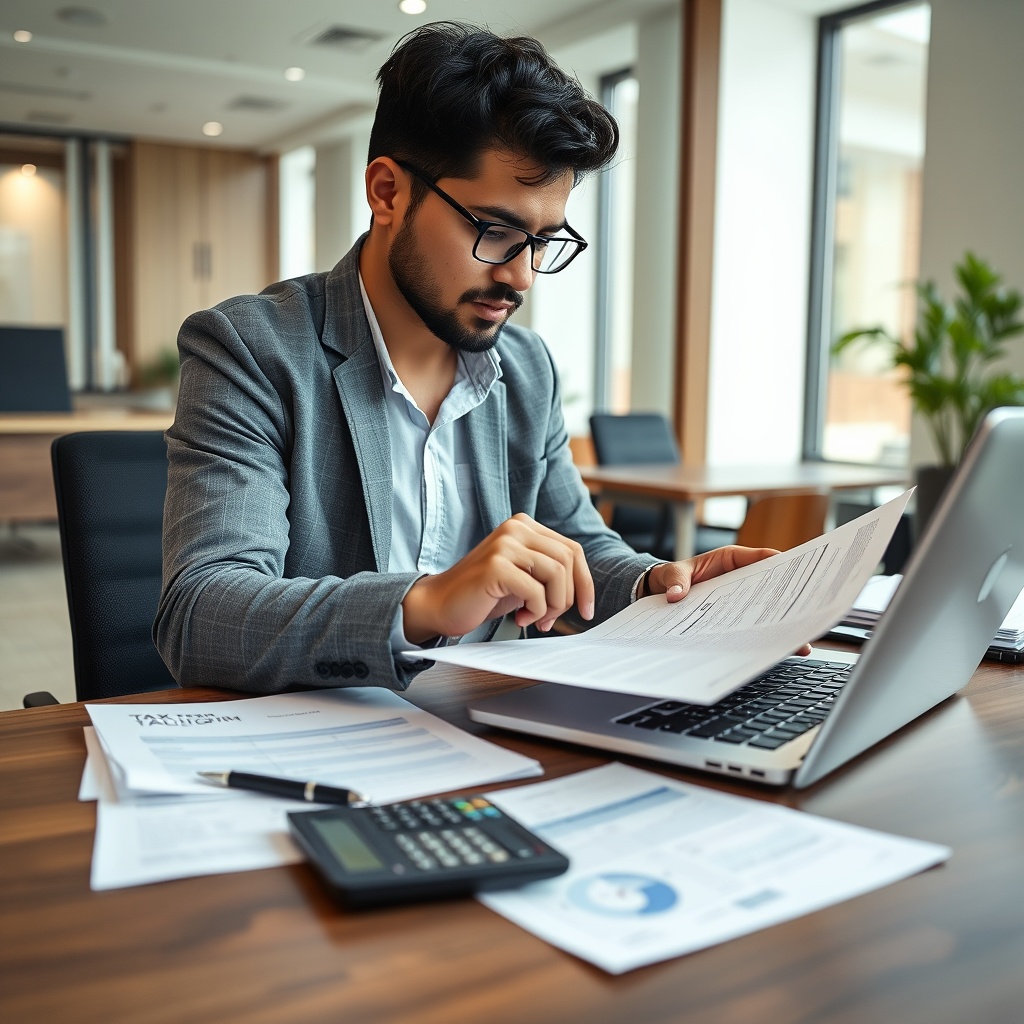 Professional stock photo of a Bolivian freelancer reviewing tax documents on a laptop with calculator and financial papers on desk, modern office background