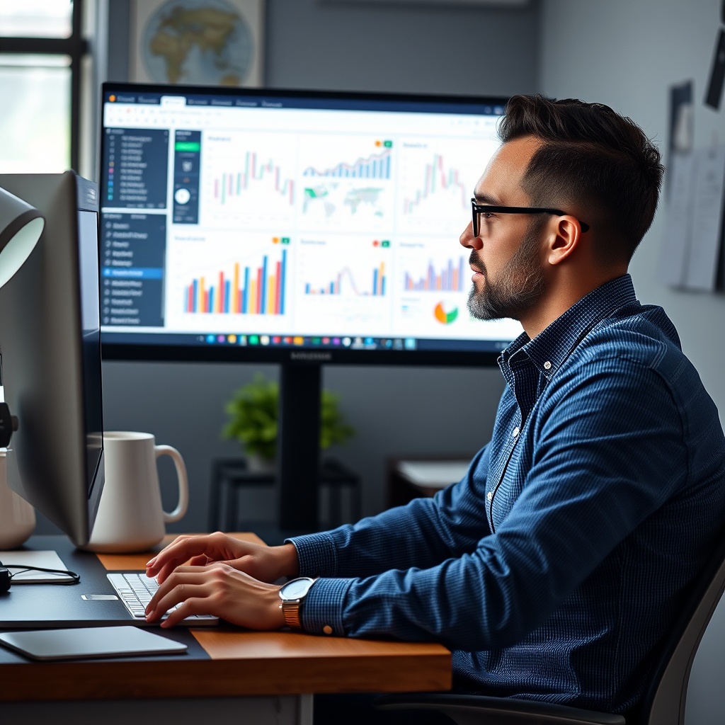 Professional stock photo of a freelancer using financial planning software on computer monitor with charts and graphs visible, focused work environment