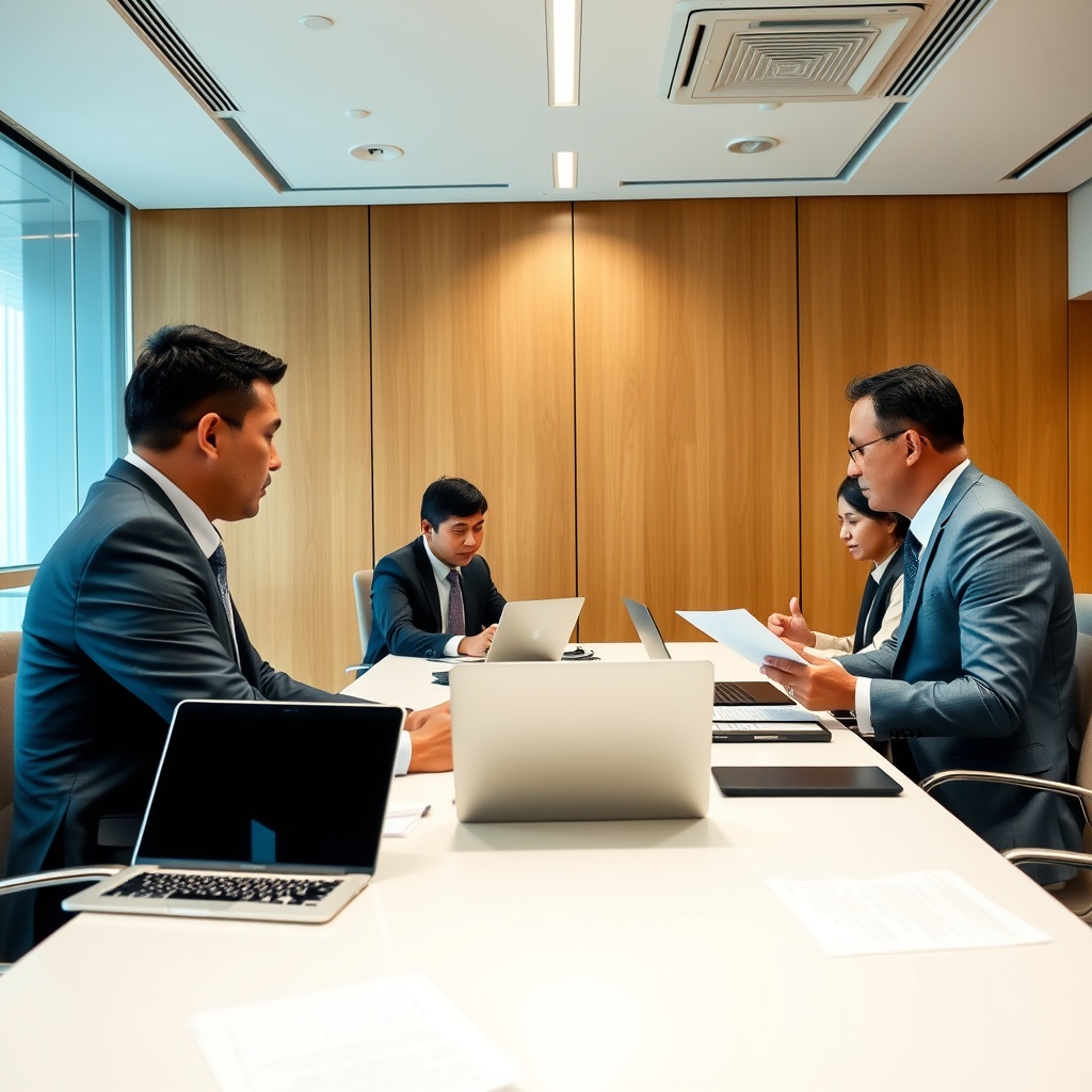 Professional stock photo of Bolivian government officials in a modern meeting room discussing digital payment regulations, with laptops and documents on table, clean and professional atmosphere