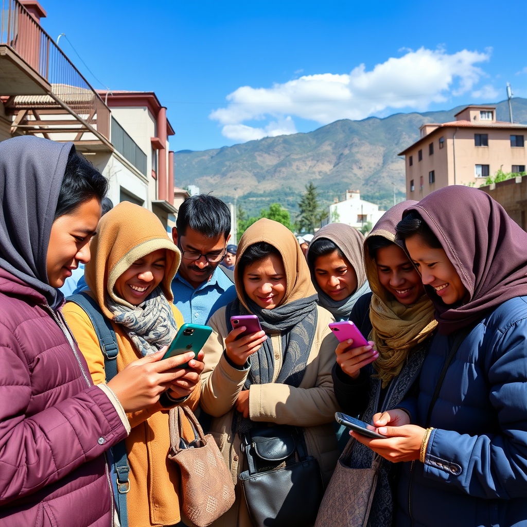 Professional stock photo of diverse Bolivian citizens using mobile phones for digital payments in urban and rural settings, showing convenience and accessibility