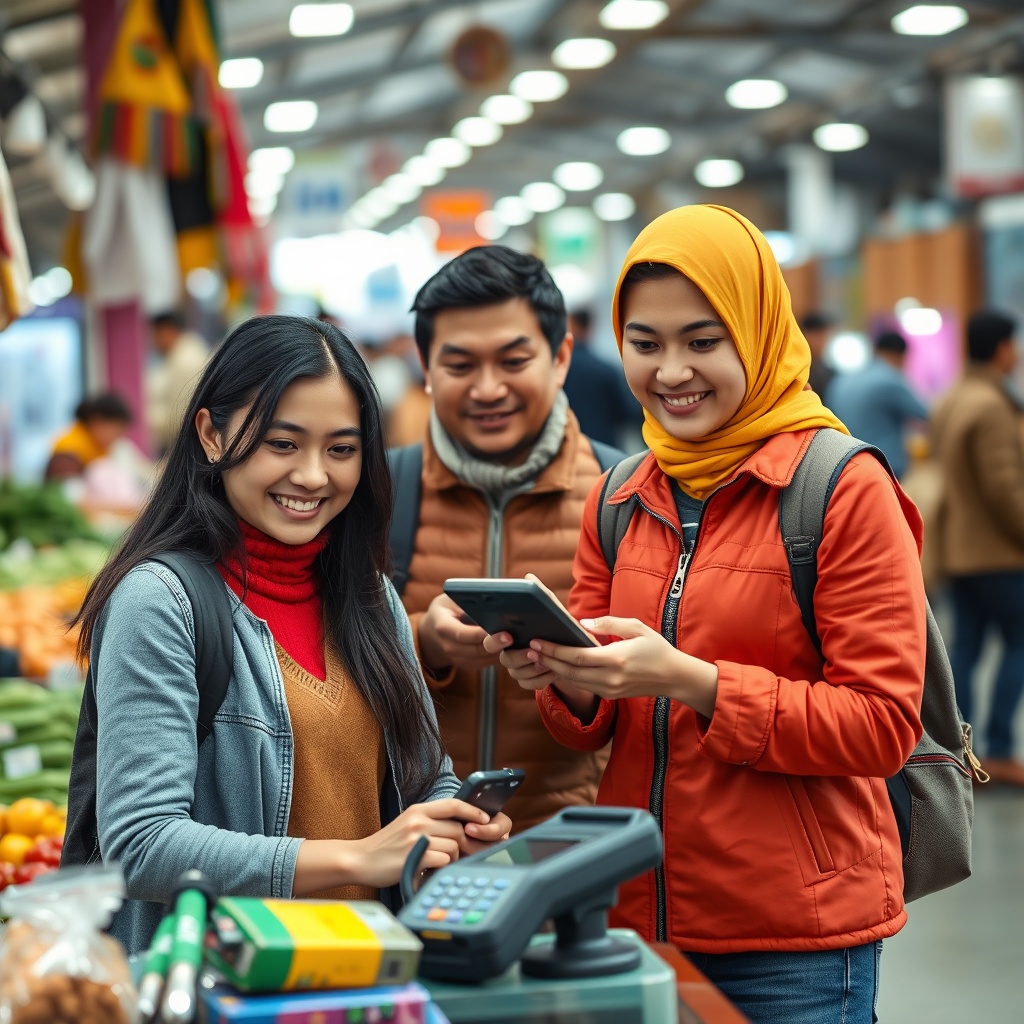 Professional stock photo of Bolivian small business owners using digital payment terminals, with market background showing economic growth and modernization