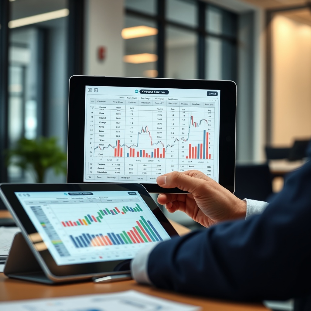 Professional stock photo of a person analyzing cryptocurrency classification charts on a digital tablet, with a modern office background and financial documents in focus