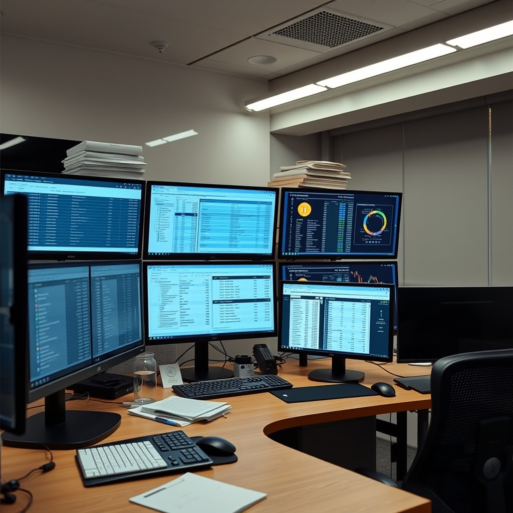 High-quality stock image of organized digital filing system with tax documents and cryptocurrency transaction records displayed on multiple screens in a professional workspace