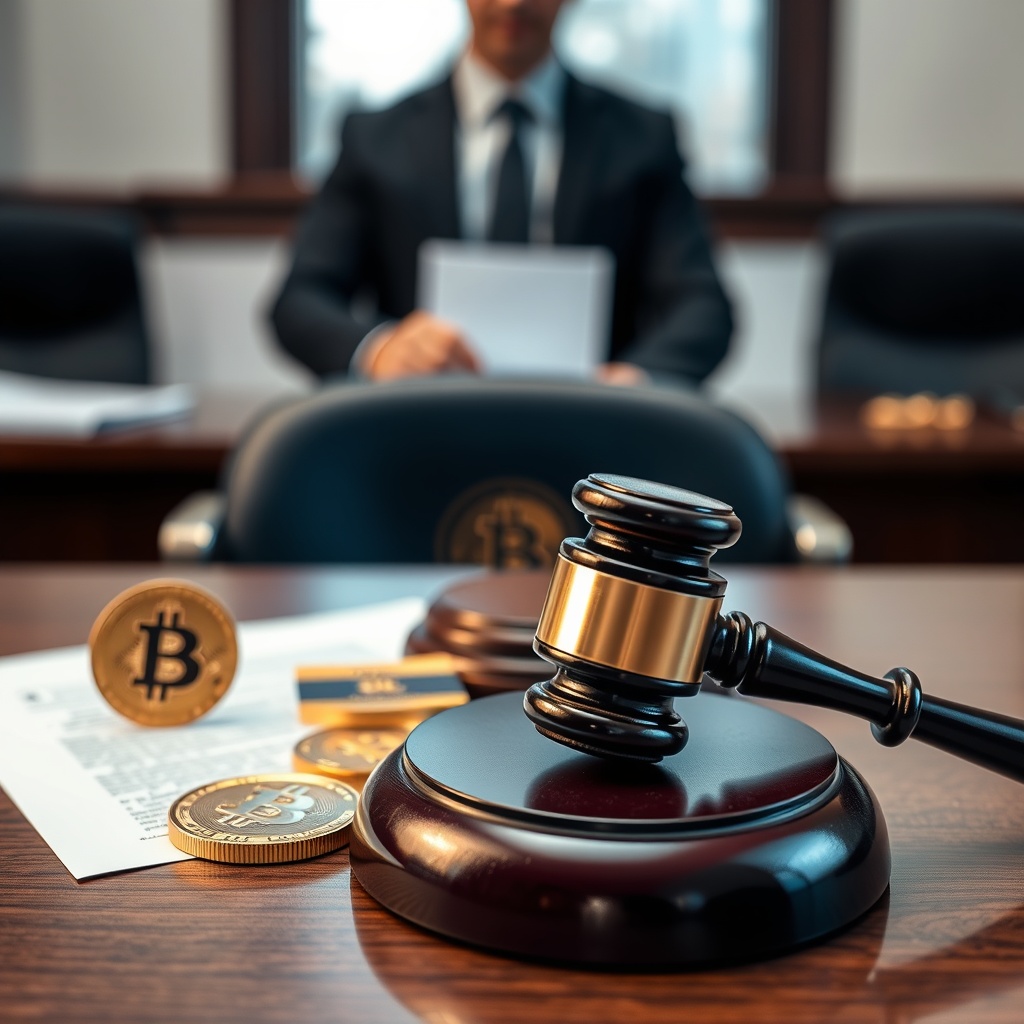 Professional stock photo depicting legal consequences with a gavel on legal documents next to cryptocurrency symbols, set in a serious courtroom or legal office environment