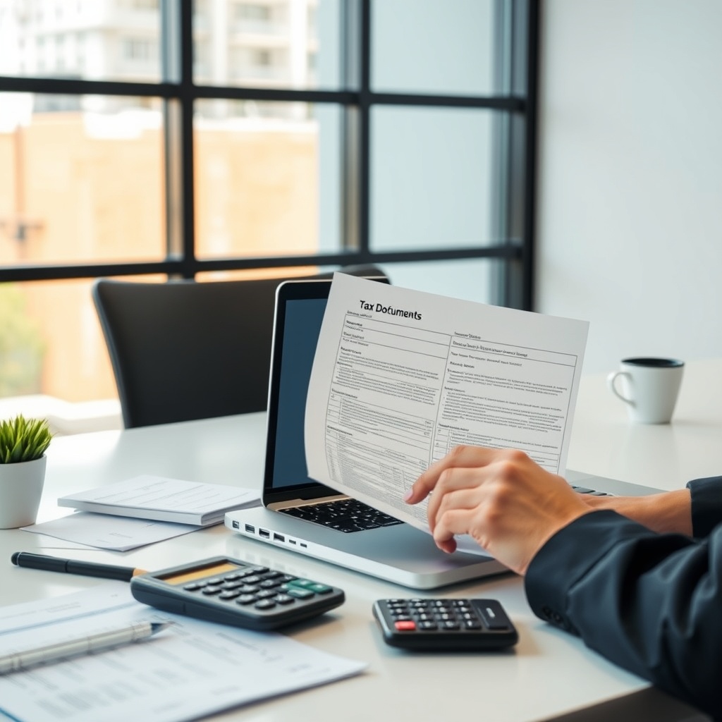 Professional stock photo of a freelancer reviewing tax documents on a laptop with calculator and paperwork on a modern desk, Bosnia and Herzegovina financial setting