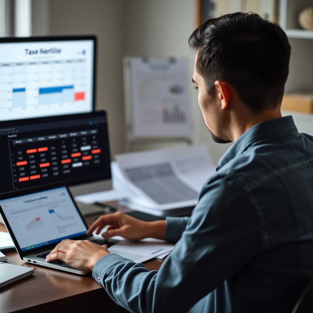 Professional stock photo of a person filing taxes online with calendar showing quarterly deadlines, organized financial documents in background