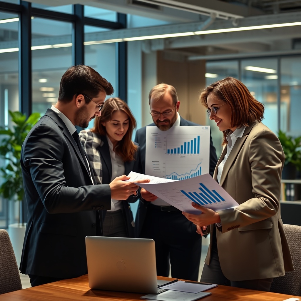 A professional business team analyzing financial charts and discussing VAT compliance strategies in a modern office setting.