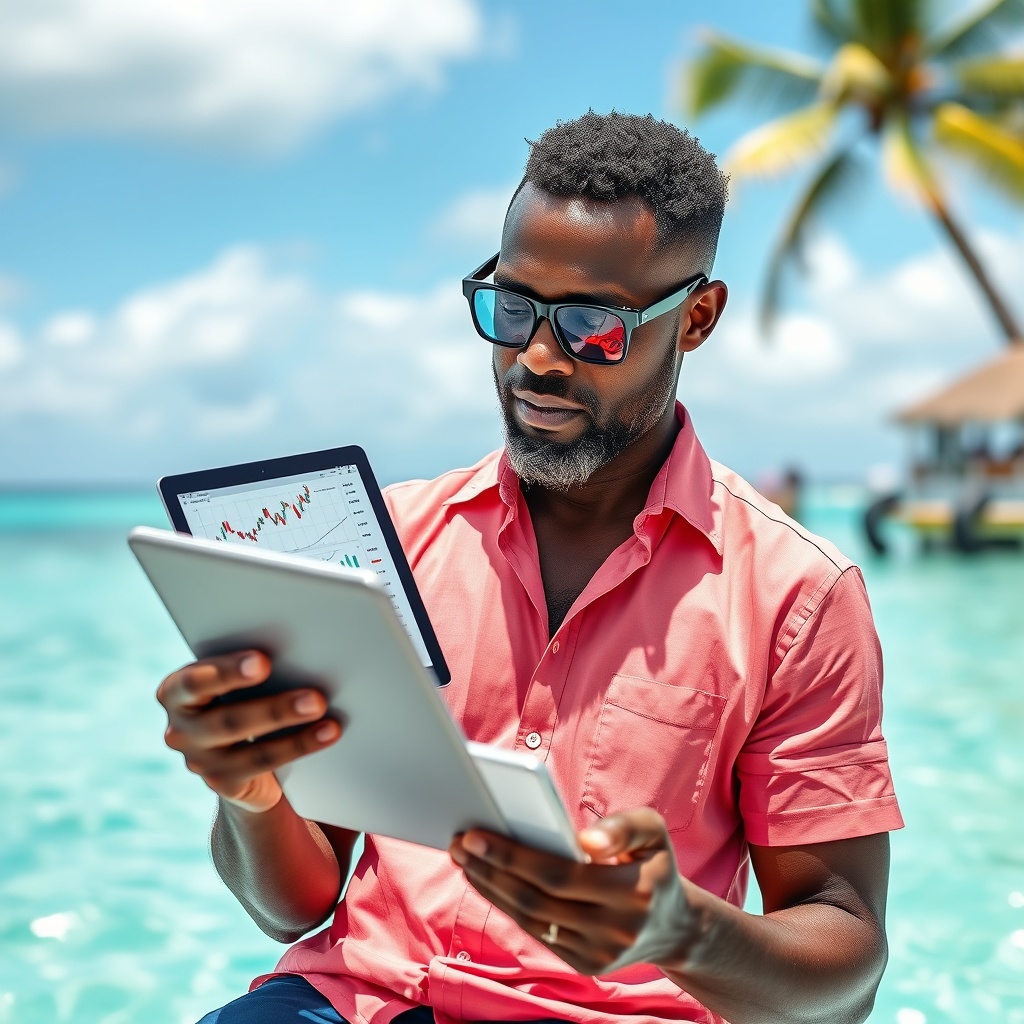 A determined freelancer in the Bahamas analyzing financial charts on a tablet, symbolizing strategies to navigate economic challenges and diversify income streams.