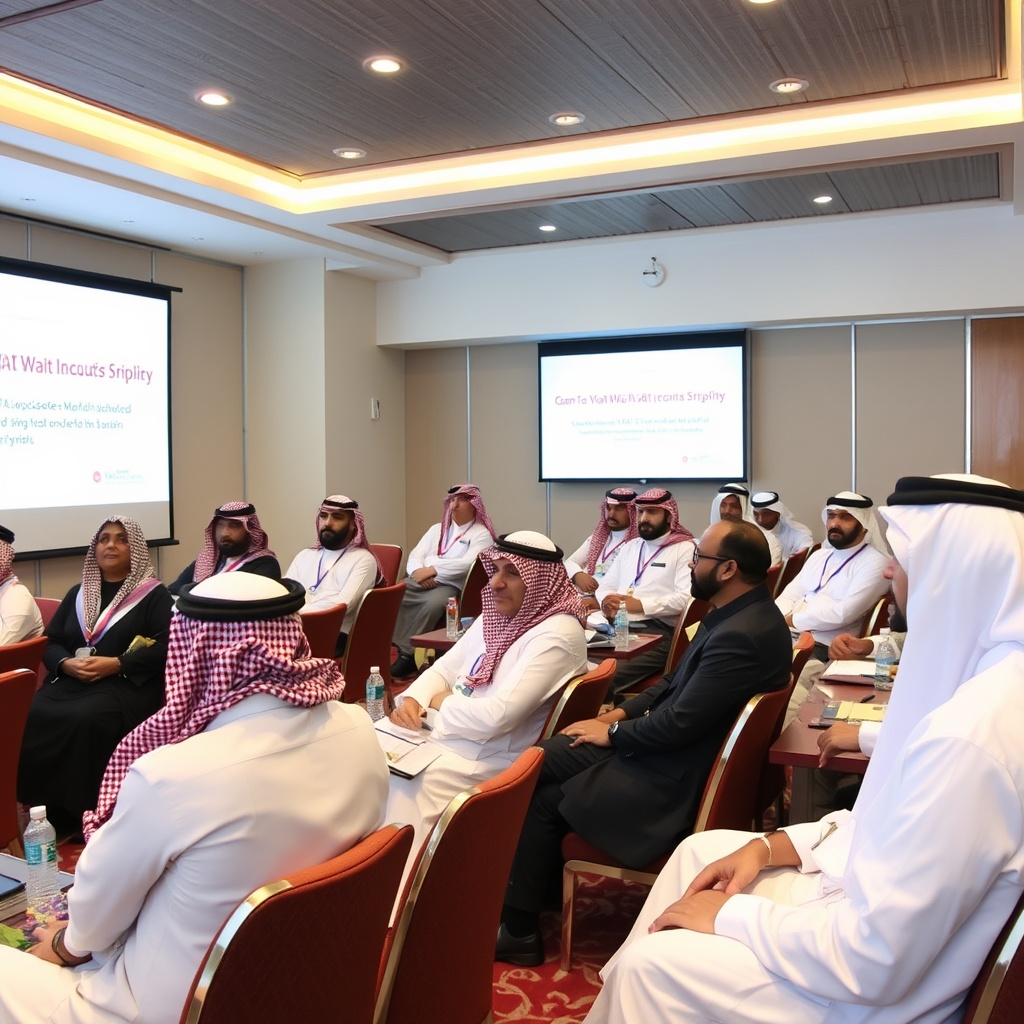 A diverse group of Bahraini business owners sharing success stories and lessons learned from VAT implementation in a conference room.