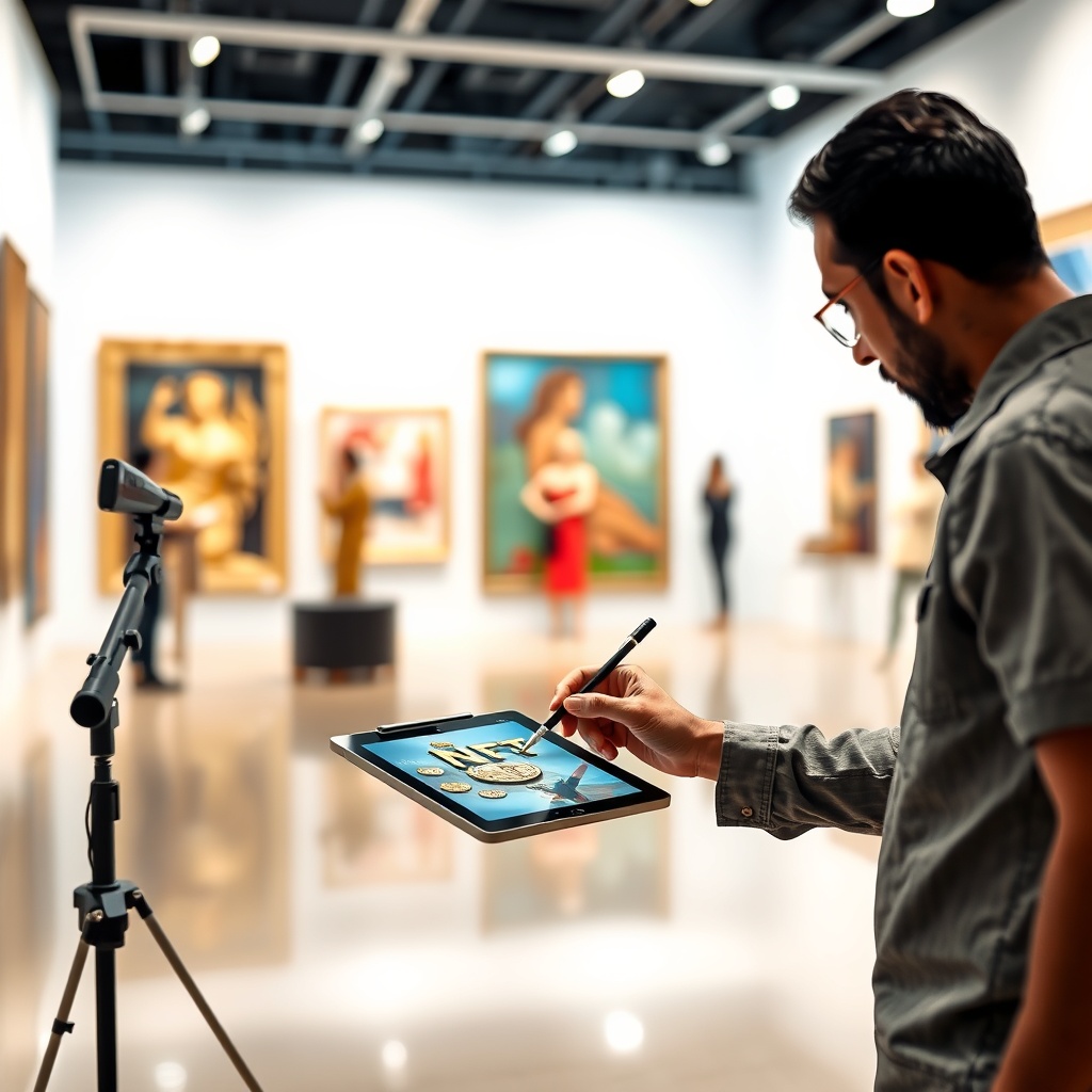 A professional stock photo featuring a digital artist creating an NFT on a tablet, with a blurred background of a modern art gallery in Bahrain, highlighting the intersection of art and cryptocurrency taxation.