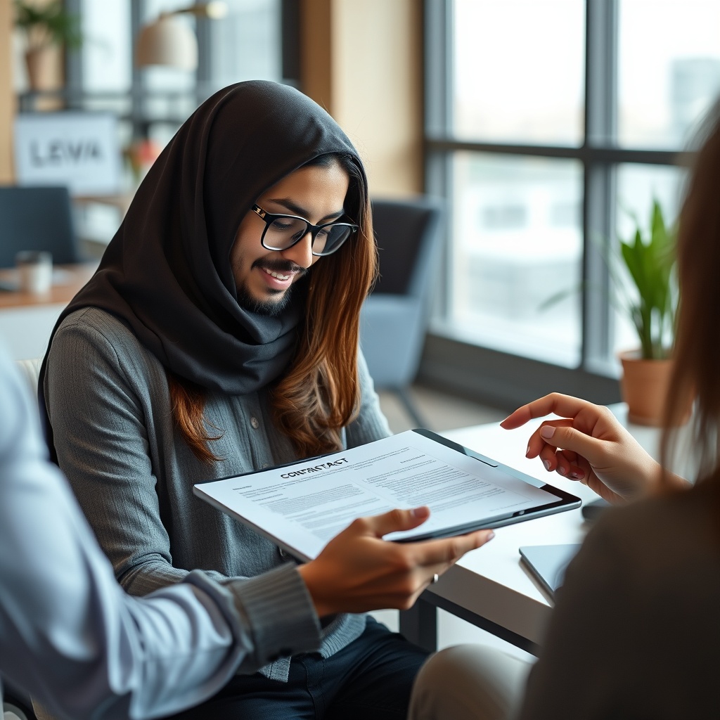 A high-quality stock image of a freelancer in Bahrain discussing contract terms with a client over a digital tablet, showcasing legal considerations and professional agreements in a modern office setting.