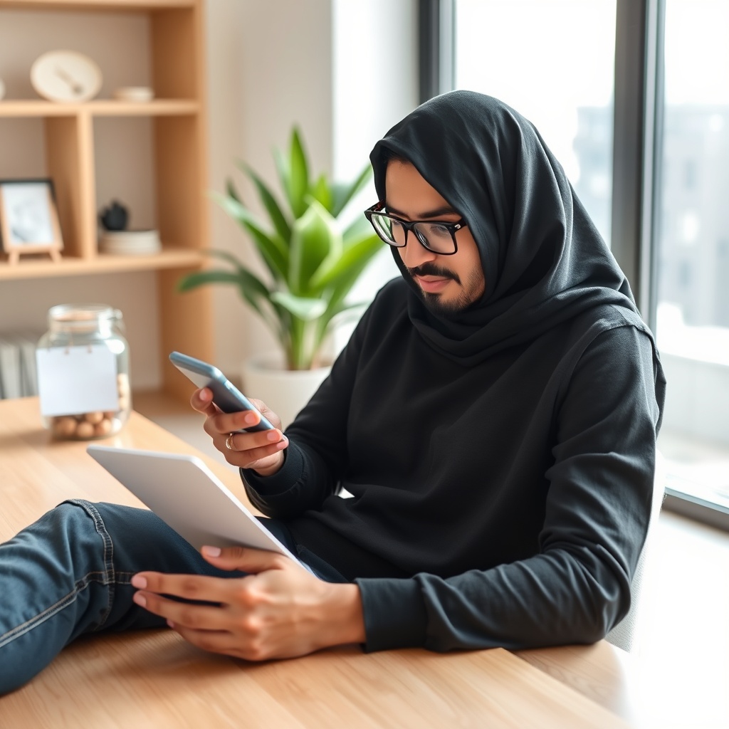 An engaging stock photo depicting a freelancer in Bahrain managing finances on a smartphone, with a budget planner and savings jar in the background, highlighting financial challenges and solutions.