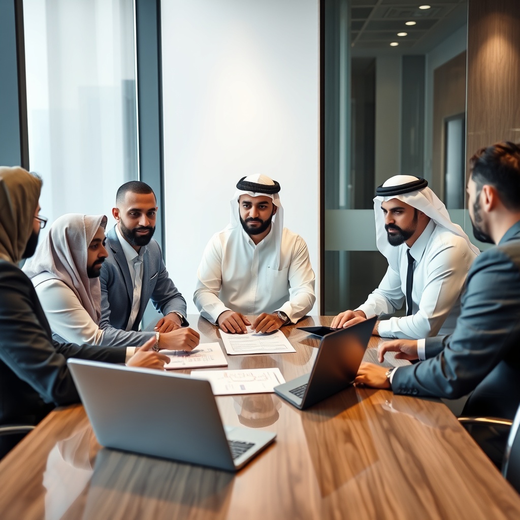 A professional image of a diverse group of expats and investors discussing corporate taxation strategies in a modern Bahraini office setting, with documents and laptops on the table.