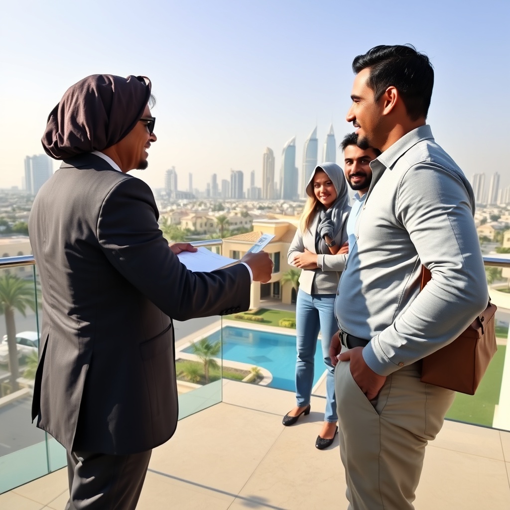 A high-quality stock photo depicting a real estate agent showing a luxurious property in Bahrain to a group of interested expat investors, with the city skyline in the background.