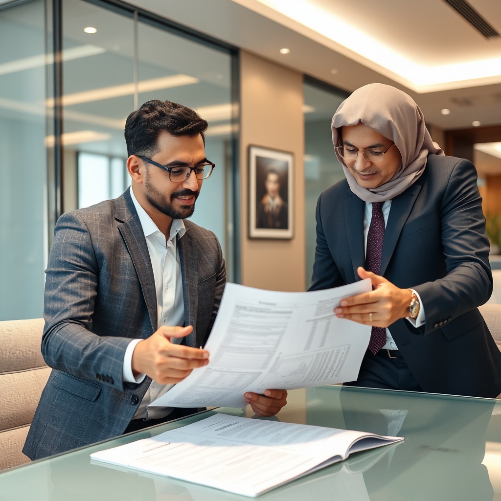 An engaging professional photo of a financial advisor and expat reviewing tax planning documents in a sleek, contemporary Bahraini financial consultancy office.
