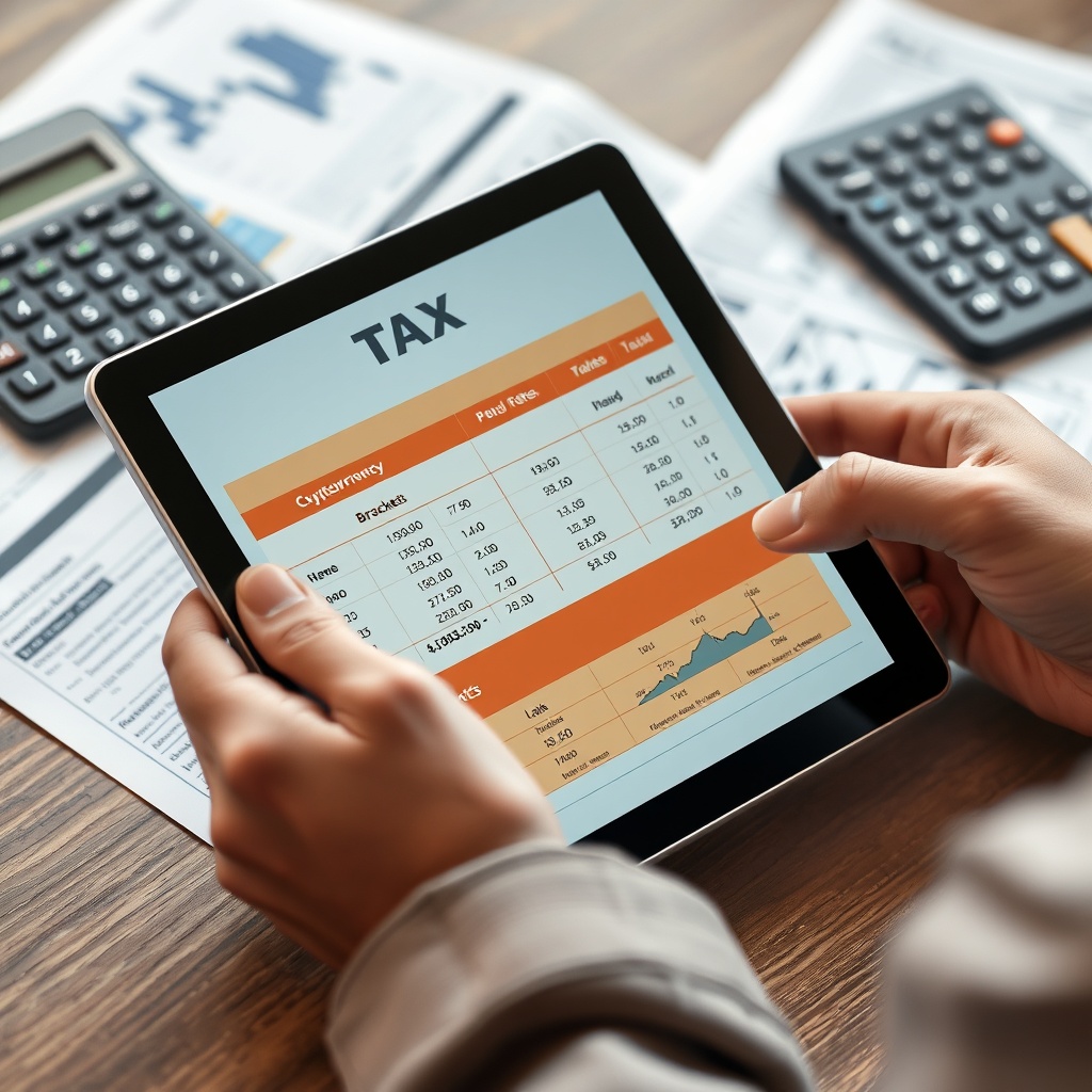 A professional stock photo depicting a person analyzing cryptocurrency tax rates and brackets on a digital tablet, with a calculator and financial documents in the background, symbolizing careful tax planning and calculation.