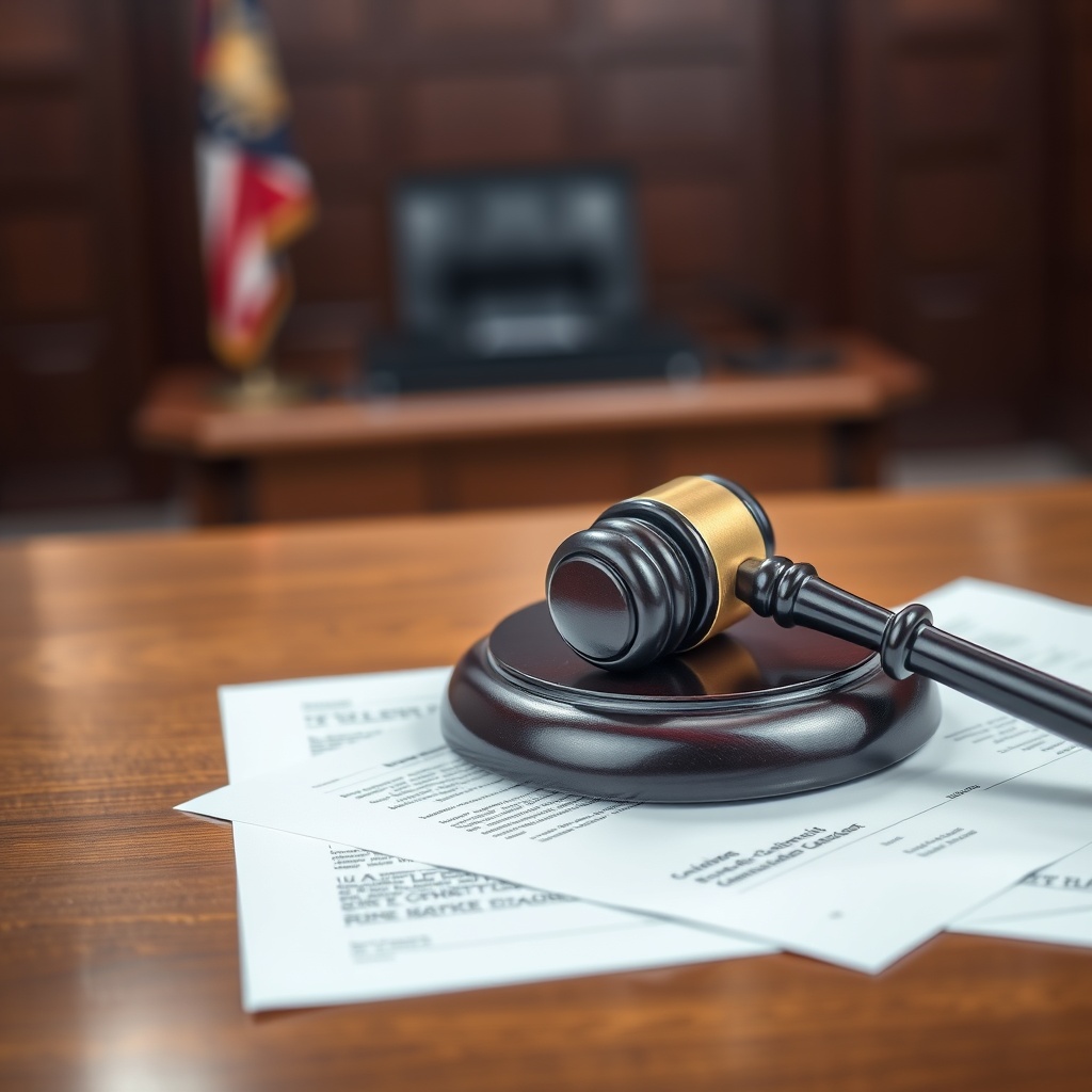 A high-quality stock image showing a gavel and legal documents on a wooden table, representing enforcement and penalties for non-compliance in cryptocurrency taxation, with a blurred courtroom background.