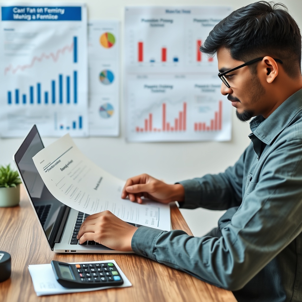 A professional stock photo of a freelancer in Bangladesh reviewing pension plan documents on a laptop, with a calculator and financial charts in the background.